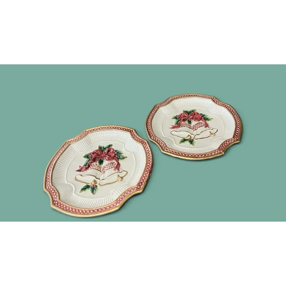 2 Fitz & Floyd Holiday Bells Christmas 2003 Canape Candy Cookie‎ Serving Plates